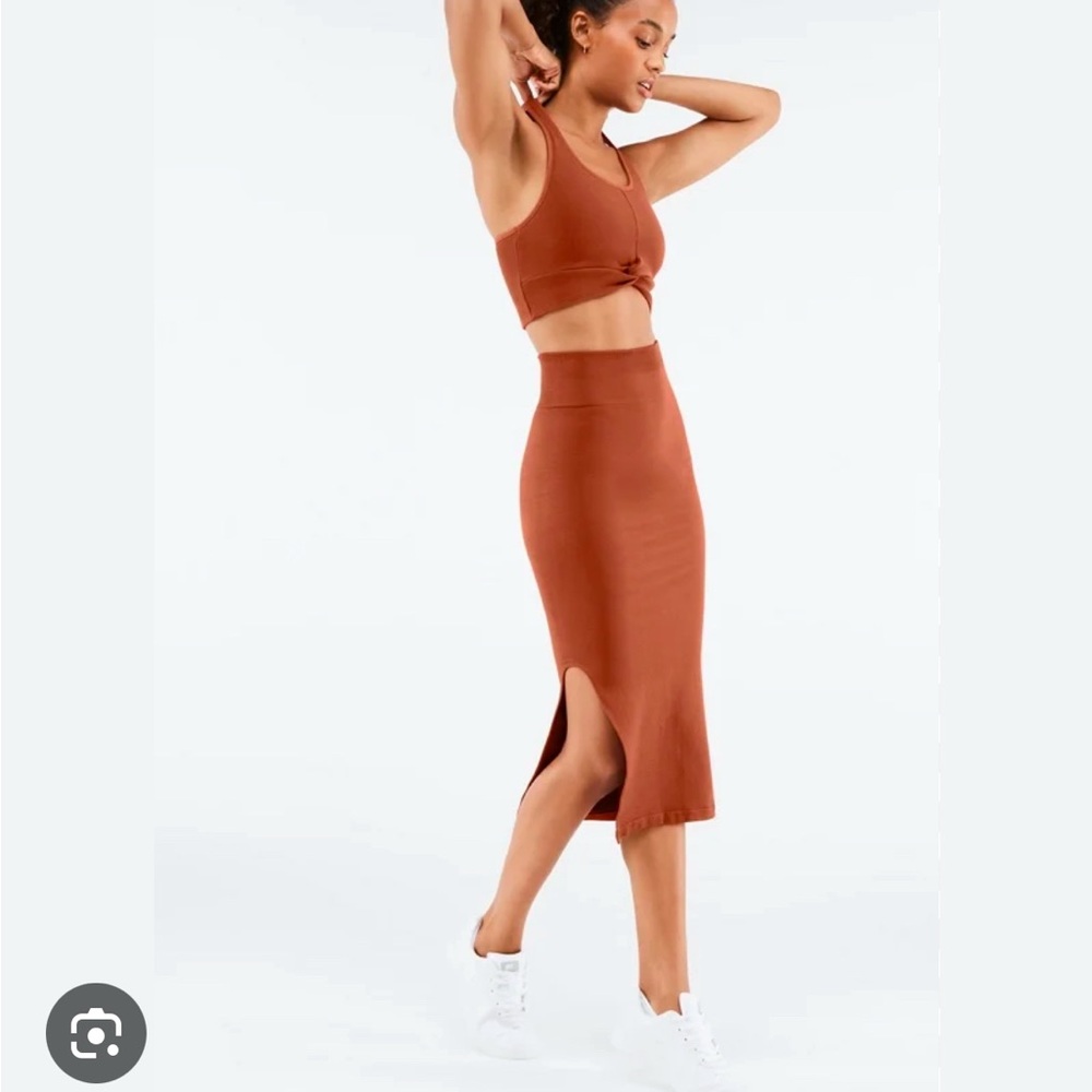 Fabletics Rust Midi Pencil Skirt with Side Slit and Sports Bra 2 piece outfit